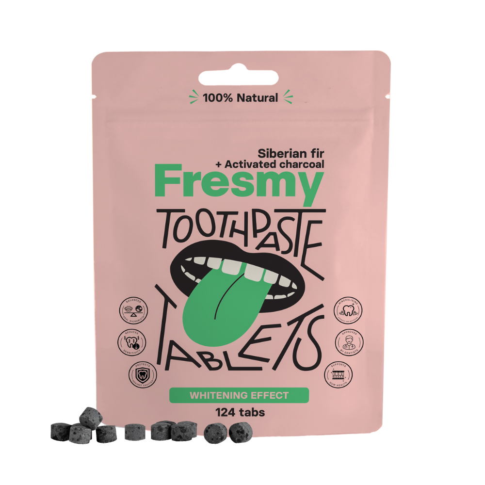 Fresmy tandkrämtabletter med sibirisk gran och aktivt kol i papperspåse, 124 st