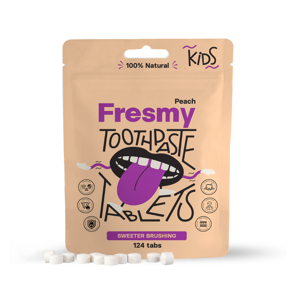Fresmy persikatandkrämstabletter för barn i papperspåse, 124 st