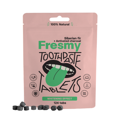 Fresmy tandkrämtabletter med sibirisk gran och aktivt kol i papperspåse, 124 st