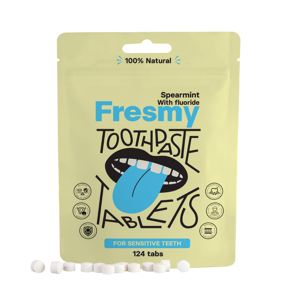 Fresmy tandkrämtabletter med spearmint (med fluor) i pappersförpackning, 124 st