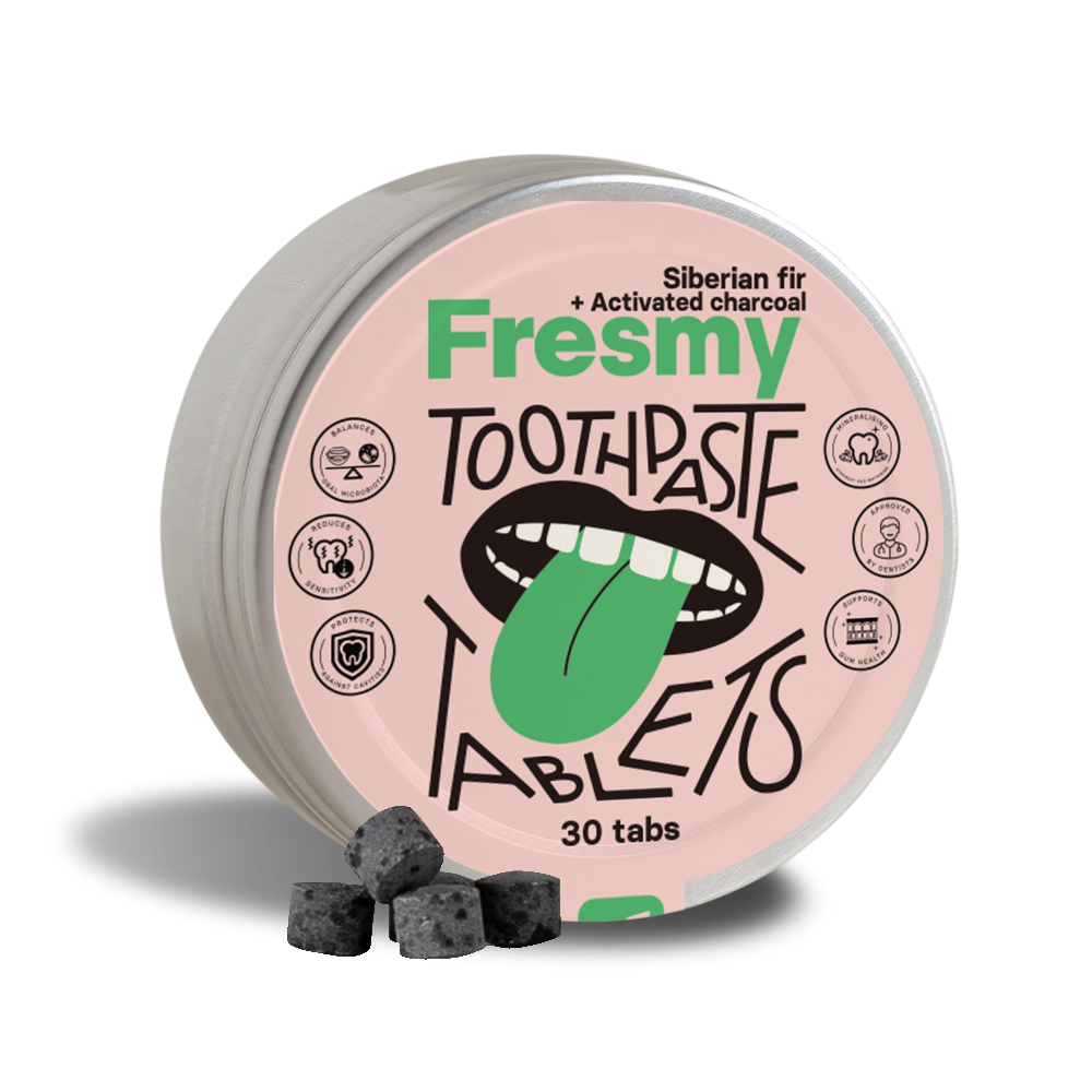 Fresmy tandkrämtabletter med sibirisk gran och aktivt kol i aluminiumburk, 30 st