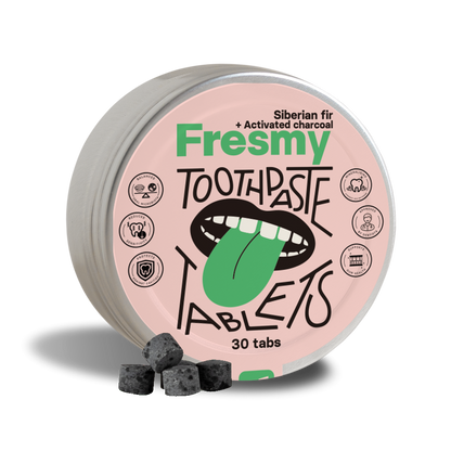 Fresmy tandkrämtabletter med sibirisk gran och aktivt kol i aluminiumburk, 30 st