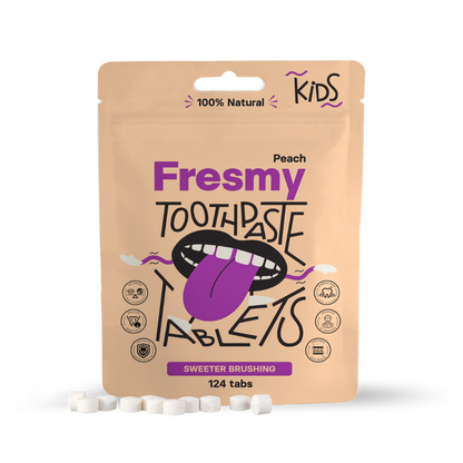 Fresmy persikatandkrämstabletter för barn i papperspåse, 124 st