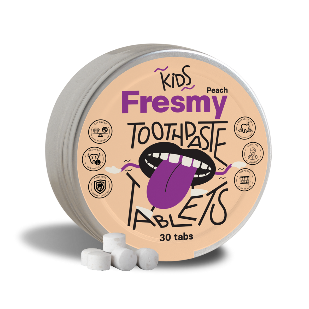 Fresmy persikatandkrämstabletter för barn i aluminiumburk, 30 st