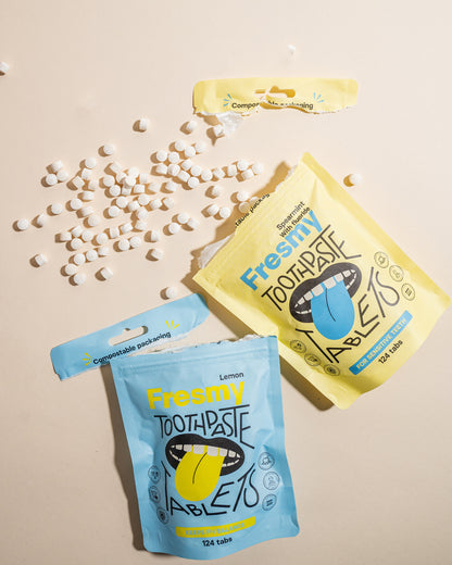 Fresmy tandkrämtabletter med spearmint (med fluor) i pappersförpackning, 124 st