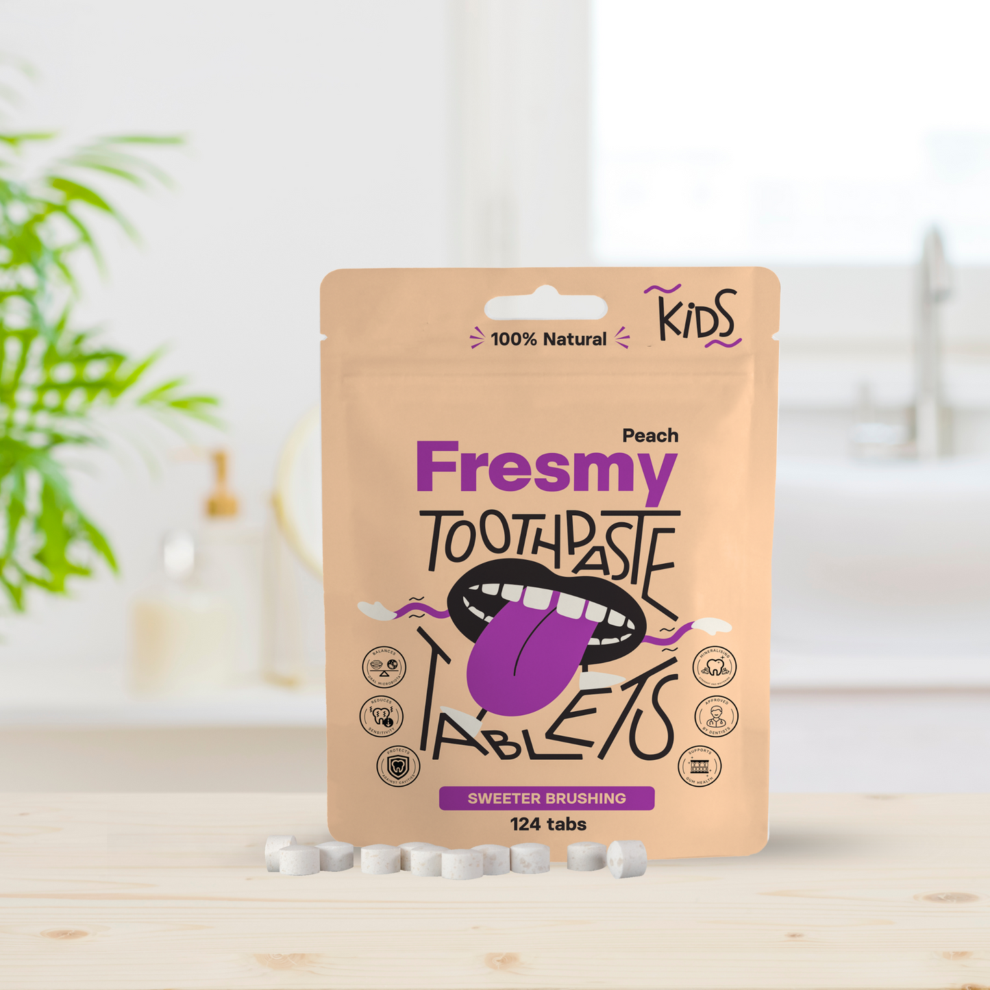 Fresmy persikatandkrämstabletter för barn i papperspåse, 124 st