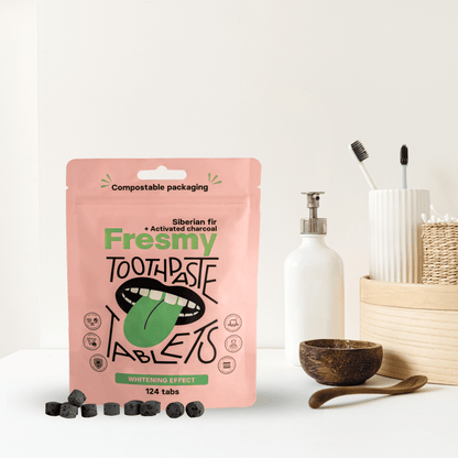 Fresmy tandkrämtabletter med sibirisk gran och aktivt kol i papperspåse, 124 st