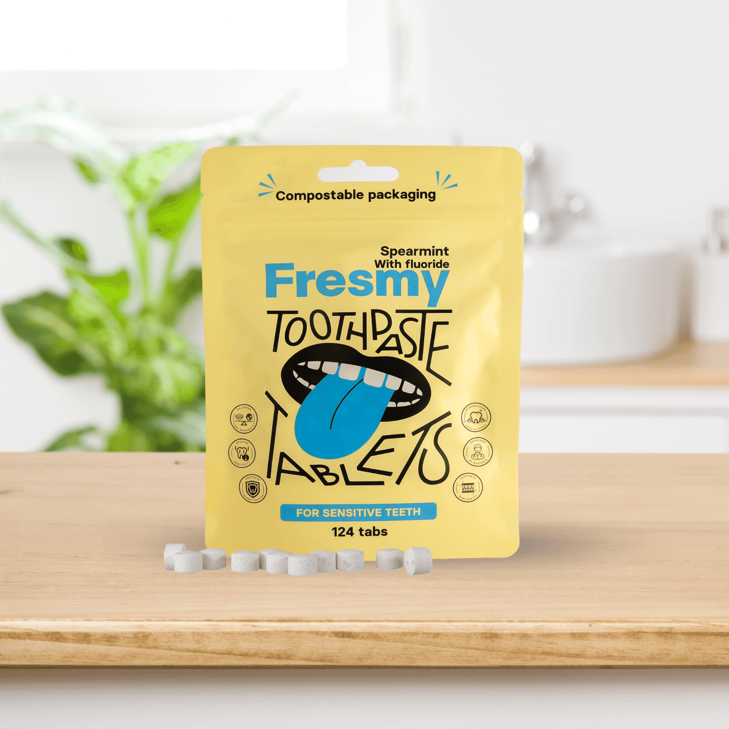 Fresmy tandkrämtabletter med spearmint (med fluor) i pappersförpackning, 124 st