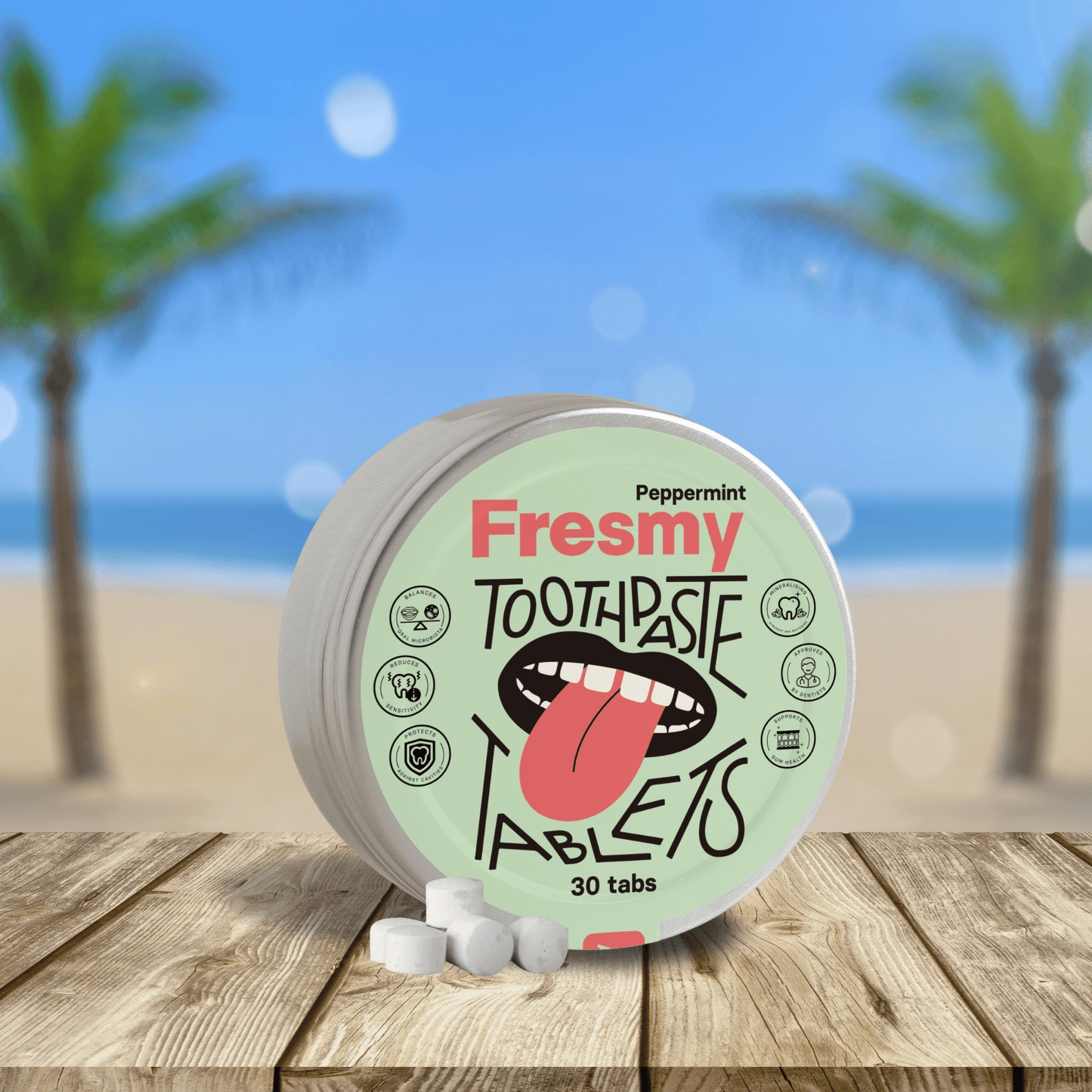 Fresmy pepparmynts-tandkrämstabletter i aluminiumburk, 30 st