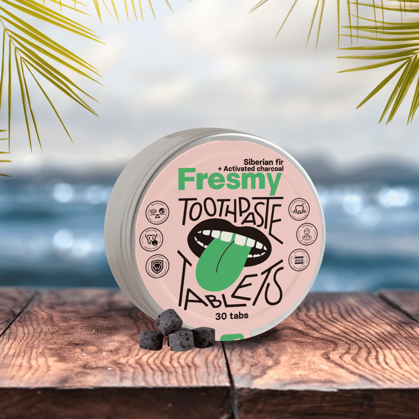 Fresmy tandkrämtabletter med sibirisk gran och aktivt kol i aluminiumburk, 30 st