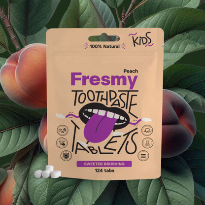 Fresmy persikatandkrämstabletter för barn i papperspåse, 124 st