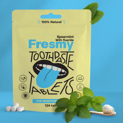 Fresmy tandkrämtabletter med spearmint (med fluor) i pappersförpackning, 124 st
