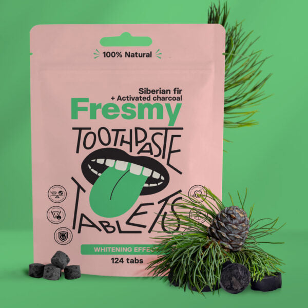 Fresmy tandkrämtabletter med sibirisk gran och aktivt kol i papperspåse, 124 st
