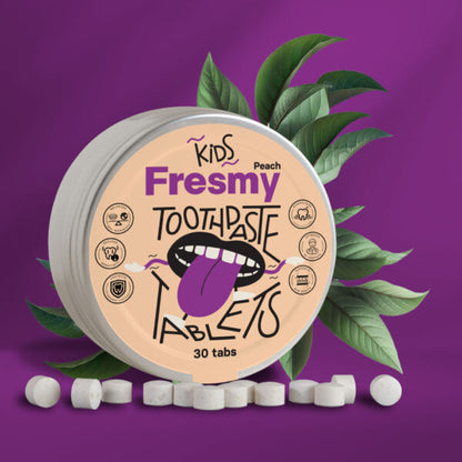 Fresmy persikatandkrämstabletter för barn i aluminiumburk, 30 st