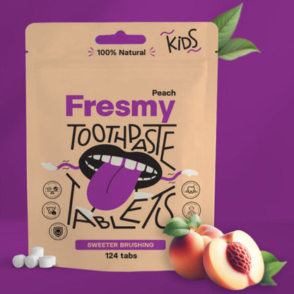 Fresmy persikatandkrämstabletter för barn i papperspåse, 124 st
