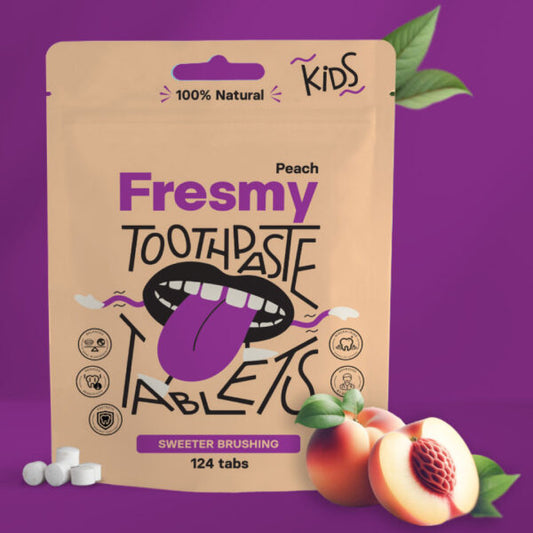 Fresmy persikatandkrämstabletter för barn i papperspåse, 124 st